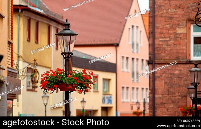 European city. Street lamp with flowers and a street in the background