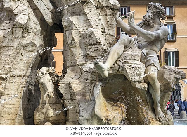 Fountain of the four Rivers, Fontana dei Quattro Fiumi, Piazza Navona, Rome, Lazio, Italy
