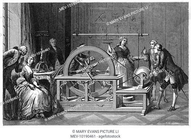 Otto von Guericke demonstrates his electric machine, producing static electricity from a globe when rubbed
