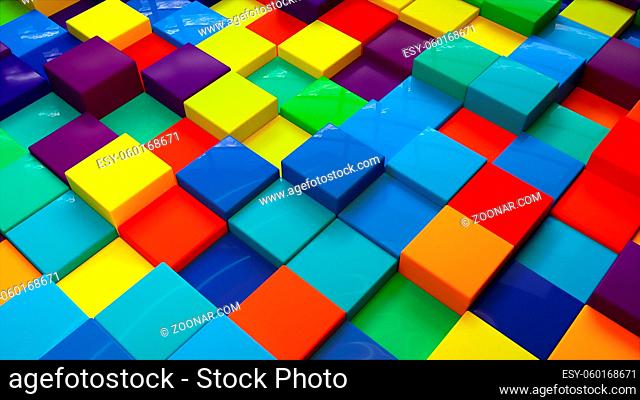 Geometric 3d render simple squares laid with lines on surface. Multicolored boxes in dynamic lighting with bright highlights