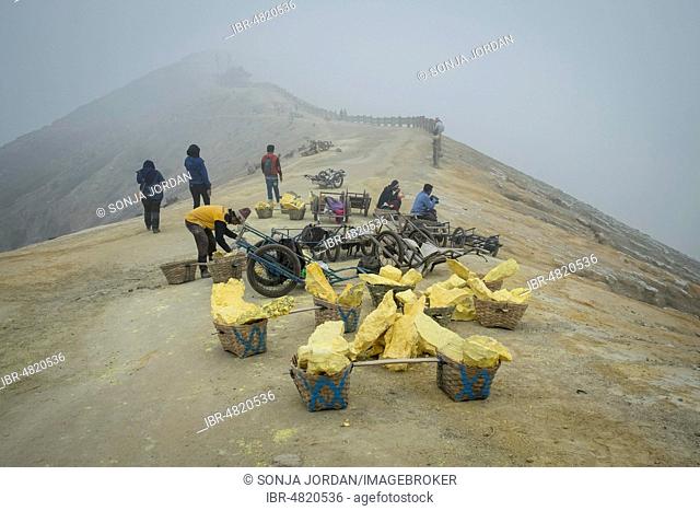 Sulphur is mined on Ijen volcano ridge, Ijen crater, Banyuwangi, Jawa Timur, Indonesia