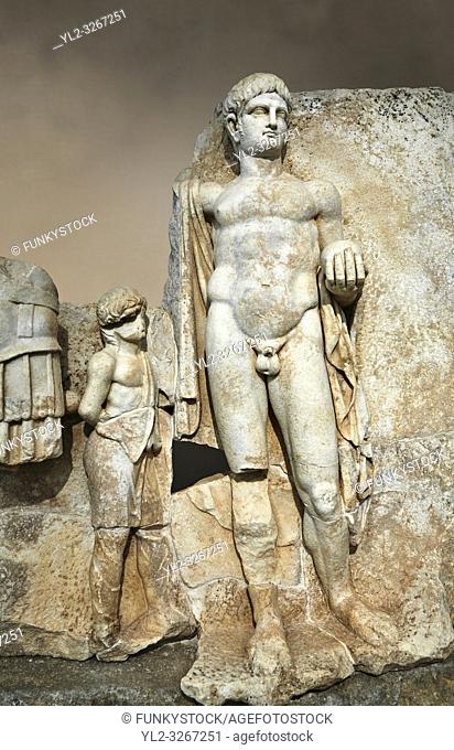 Close up of a Roman Sebasteion relief sculpture of Emperor Nero with captive, Aphrodisias Museum, Aphrodisias, Turkey. Against an art background.