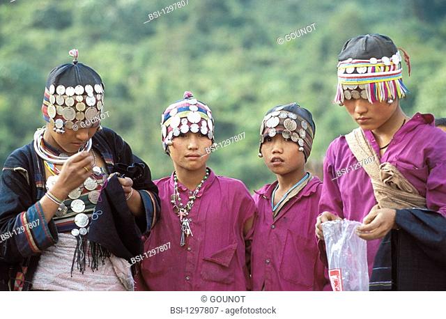 Group of young women belonging to the ethnos of the Hmong. In the north of Laos live the tribe Ikos belonging to the ethnos Hmong or Meos from the LaoSung group...
