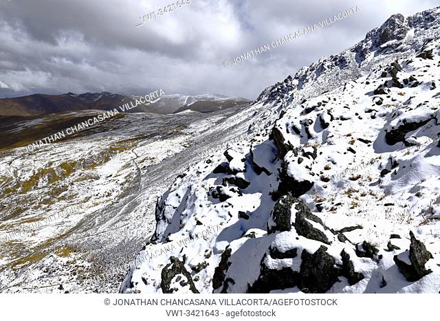 Imposing scenery after a heavy snowfall in the Huaytapallana mountain range in the central Andes of Peru