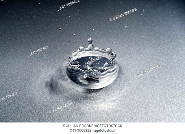 A drop of water falling into a pool forming a classic coronet with drops  Close up