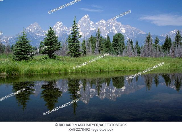 Water reflections of the Teton Range, taken from the end Schwabacher Road, Grand Teton National Park, Wyoming, USA