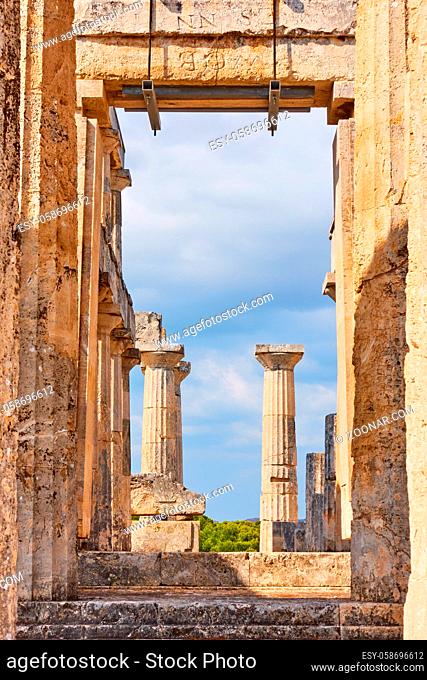 Ruins of temple of Aphaea in Aegina Island, Saronic Islands, Greece