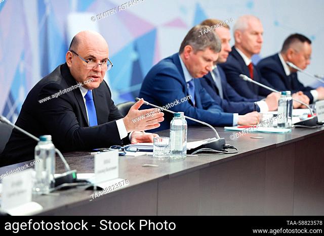 RUSSIA, MINERALNYE VODY - MAY 3, 2023: Russia's Prime Minister Mikhail Mishustin (L) holds a meeting of the Russian Government on the Socio-Economic Development...