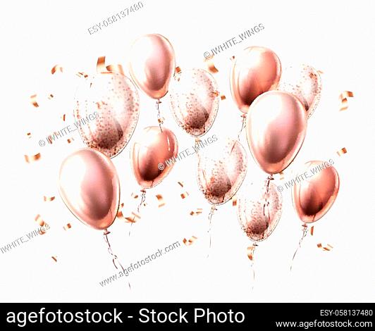 Vector realistic shiny air balloons with confetti. Glossy decoration for birthday, anniversary corporate events, wedding or surprise gift design