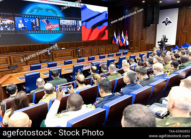 RUSSIA, MOSCOW - DECEMBER 21, 2023: Valery Gerasimov (back), Chief of the General Staff of the Russian Armed Forces, gives a briefing for foreign military...