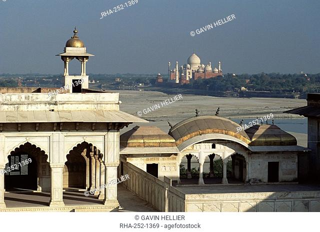 Taj Mahal, UNESCO World Heritage Site, across the Jumna Yamuna River from the Fort, Agra, Uttar Pradesh state, India, Asia