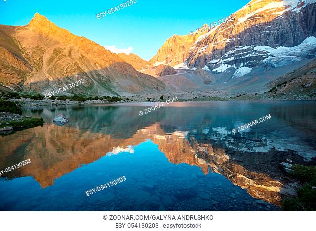 Beautiful serene lake in Fann mountains (branch of Pamir) in Tajikistan