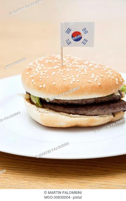 Fresh hamburger in plate with South Korean flag on wooden surface