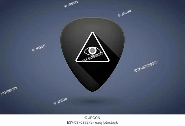 Illustration of a black guitar pick icon with an all seeing eye