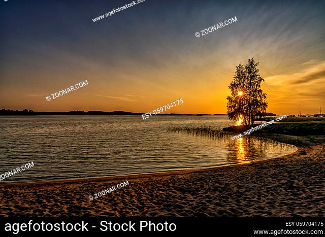 Colorful sunset over a calm ocean with a sandy beach in the foreground and the setting sun shining through a tree