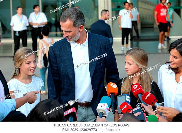 Madrid Spain; 08/27 / 2019.- Felipe VI and Letizia Reyes de España speak with the press accompanied by their daughters Princess Leonor and the Infanta Sofia in...