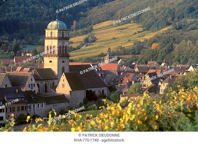 Kaysersberg church and rooftops from the vineyards, Kaysersberg, village of the Alsatian Wine Road, Haut Rhin, Alsace, France, Europe