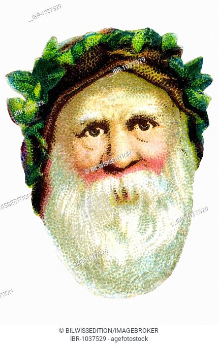 Nostalgic illustration, old Father Christmas head with a wreath of leaves and a thick white beard