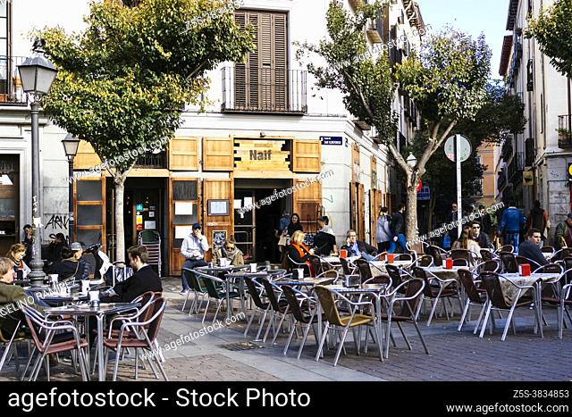 Bar terraces in the Plaza de San Ildefonso. Malasaña neighborhood. Madrid, Comunidad de Madrid, Spain, Europe