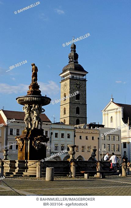 Ceske Budejovice Budweis Nam. Piemysla Otakara II. Bohemia Czech Republik with the Samson fountain and the St. marys church