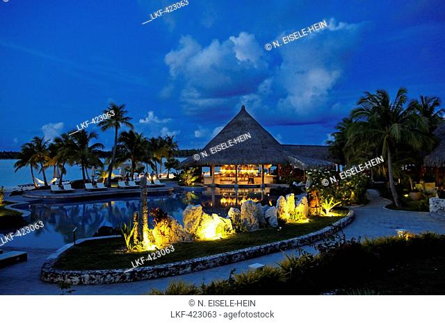 Saint Regis Bora Bora Resort at night, Bora Bora, Society Islands, French Polynesia, Windward Islands, South Pacific