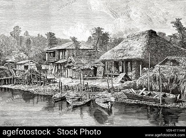 Dwellings of poor craftsmen on the Omoura Canal, Tokio. Japan, Asia. Journey to Japan by Aime Humbert 1863-1864 from Le Tour du Monde 1867