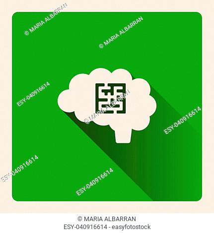 Brain looking for a problem illustration on green square background with shade
