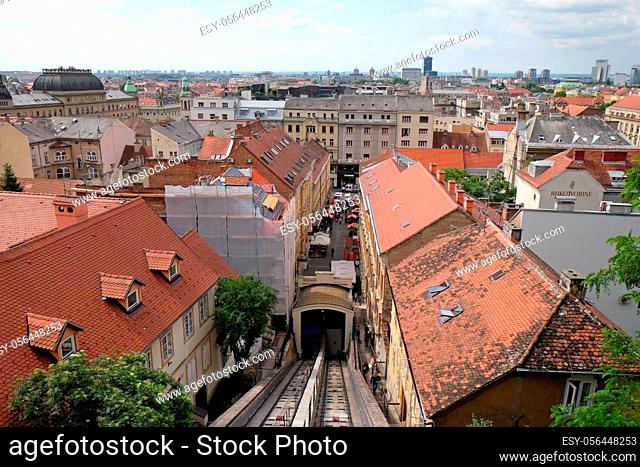 Historic lower town architecture rooftops and funicular connecting the Ilica Street with Strossmayer Promenade, Zagreb, Croatia