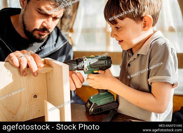 Father and son building up birdhouse at home