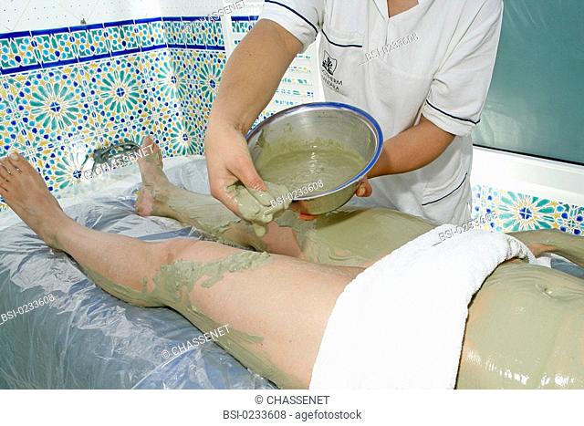 THALASSOTHERAPY Model. Center of thalassotherapy Alkantara Thalassa in Djerba Tunisia. Seaweed wrapping. The body will then be wrapped in a plastic wrap then...