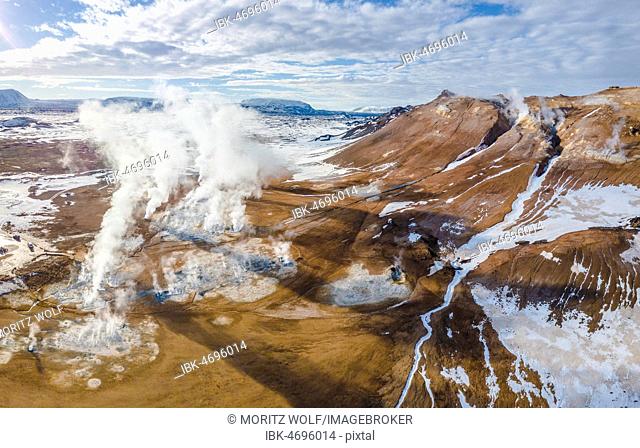 Aerial view, steaming river and fumaroles, geothermal area Hverarönd, also Hverir or Namaskard, North Iceland, Iceland