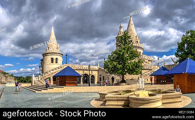 Fisherman's Bastion on the upper town Buda in Budapest, Hungary, on a sunny summer morning