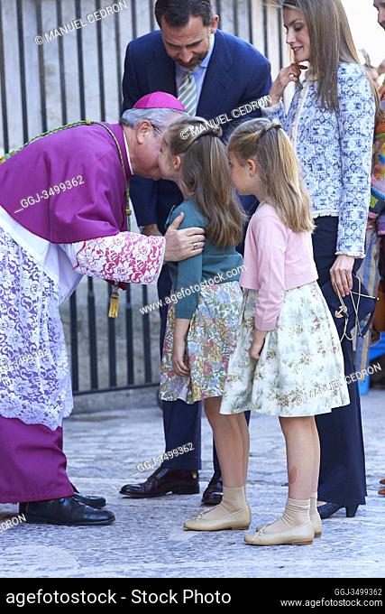 Spanish Royals Queen Sofia, Prince Felipe of Spain, Princess Letizia of Spain, Princess Leonor, Princess Sofia and Princess Elena attend Easter Mass at the...