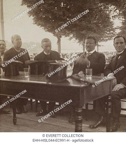 President Roosevelt, Cardinal Gibbons, and John Mitchell, together for Mine Workers Day. Wilkes-Barre, PA, August 10, 1905