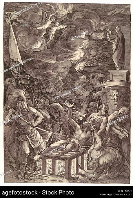Martyrdom of St. Lawrence. Artist: Cornelis Cort (Netherlandish, Hoorn ca. 1533-1578 Rome); Artist: After Titian (Tiziano Vecellio) (Italian, Pieve di Cadore ca