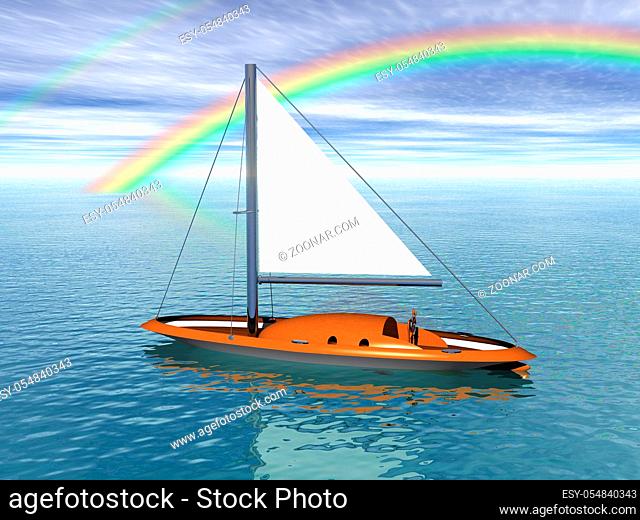 Segelboot im Wasser vor dem Regenbogen
