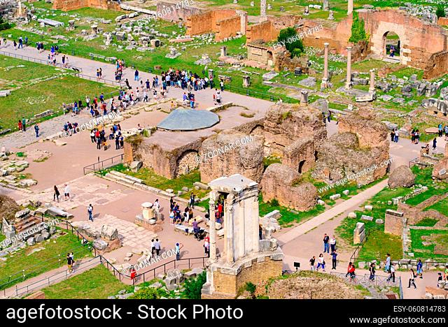 Roman Forum, a forum surrounded by ruins in Rome, Italy