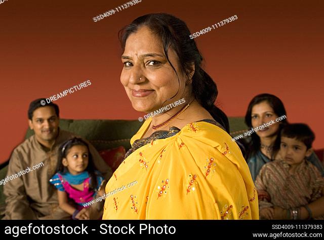 Multi-generational Indian family in traditional dress