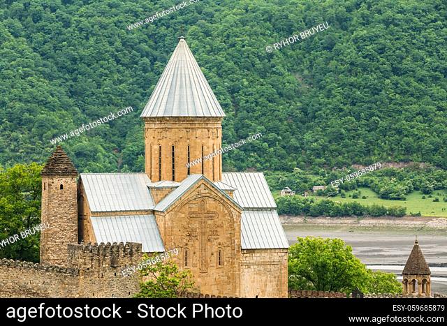 Church In Castle Complex Ananuri In Georgia, About 72 Kilometres From Tbilisi. Famous Landmark. Cultural Historic Heritage. Popular Place