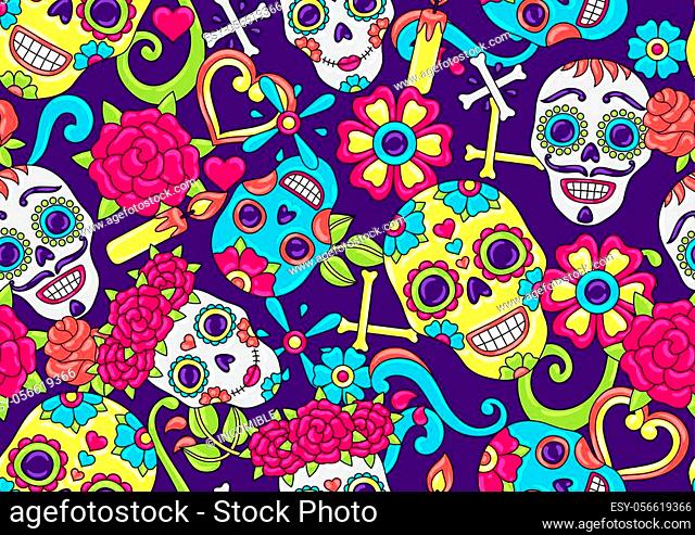 Day of the Dead seamless pattern. Sugar skulls with floral ornament. Mexican talavera ceramic tile traditional decorative objects