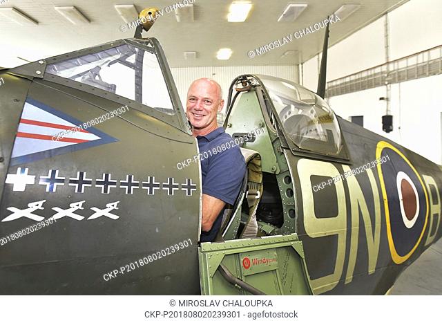 The historical Spitfire XVI fighter, which Czechoslovak pilot Otto Smik used in RAF 312 Squadron, owned by Stephen Stead (in cockpit), in Line, near Pilsen