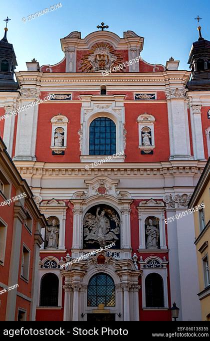 Poznan, Poland - September 8, 2021: view of the historic Saint Stanislaus Parish Church in the Old Town city center of Poznan