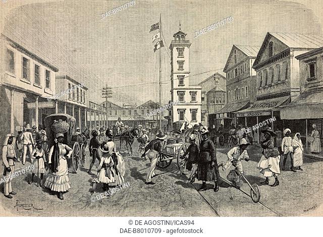 View of Water-Street, Georgetown, Demerara, Guyana, engraving by Paul Naumann after an illustration by Amedee Forestier (1854-1930)