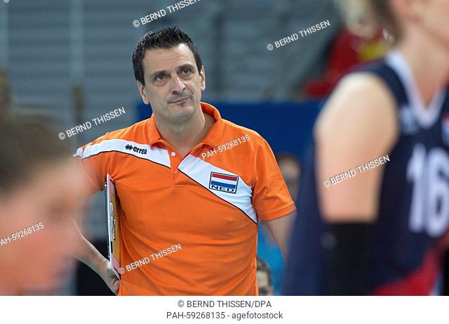 Netherland's team coach Giovanni Guidetti reacts in the Women's Volleyball Preliminary Round against Netherlands in Crystal Hall at the Baku 2015 European Games...