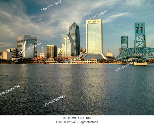 Jacksonville, FL, Florida, downtown skyline, Main Street Bridge spans the St. Johns River