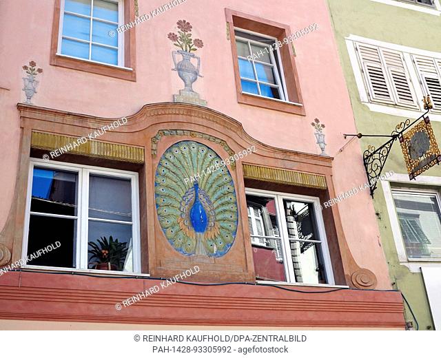 Colourful townhouses in the pedestrianised zone of the historic old town of Bozen in South Tyrol - Here is the facade of a house painted with a peacock showing...