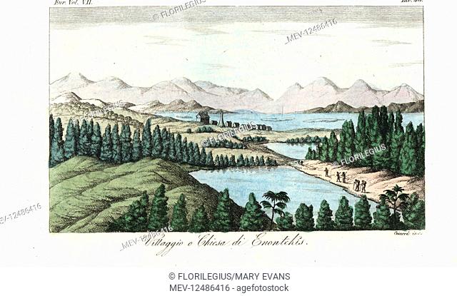 Village with church in Enontekio, northern Lapland. Handcoloured copperplate engraving by Giarre from Giulio Ferrario's Costumes Ancient and Modern of the...