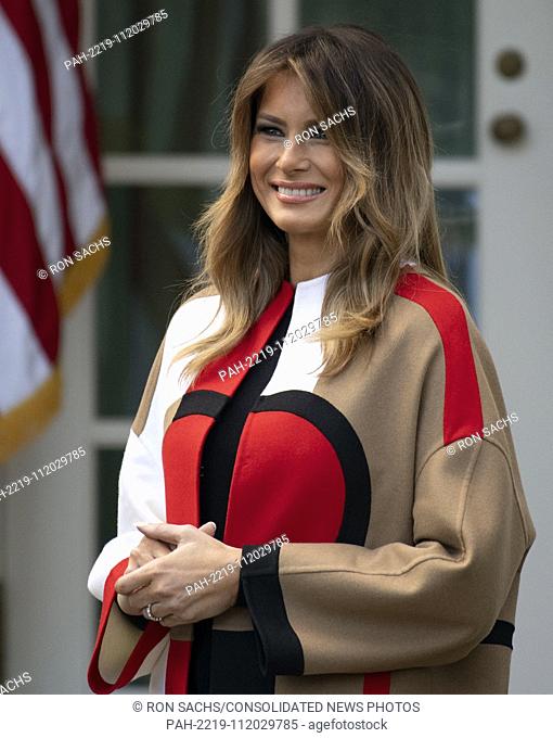 First lady Melania Trump looks on as United States President Donald J. Trump makes remarks at the National Thanksgiving Turkey Pardoning Ceremony in the Rose...