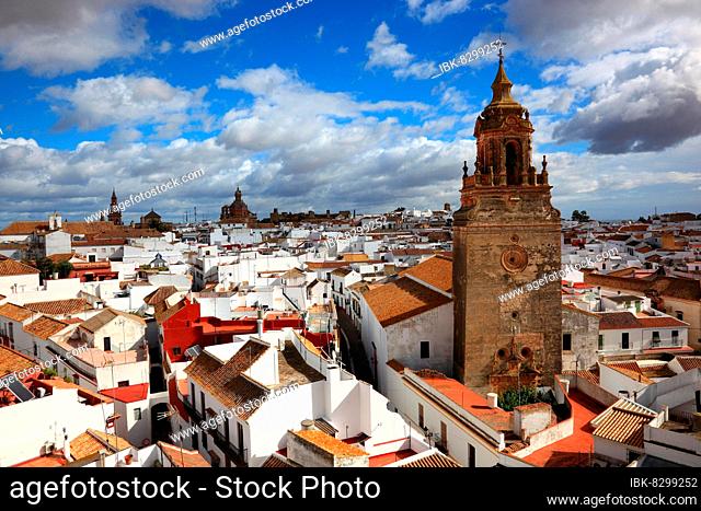 City of Carmona in the province of Seville, view from the Torre del Oro to the church of San Bartolome and the old town, Andalusia, Spain, Europe
