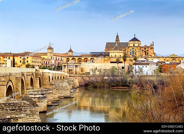 View of Mosque Cathedral of Cordoba from Roman Bridge, Spain